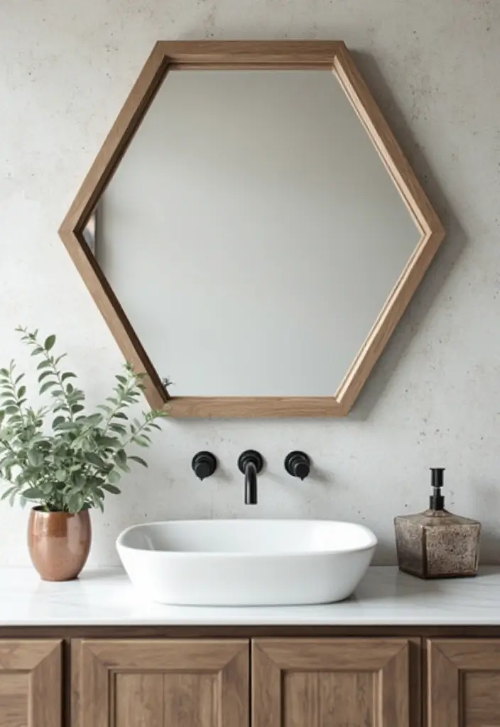 28 Bathroom Ideas Mirrors That Double As Art - 15. Framed Hexagon Mirror