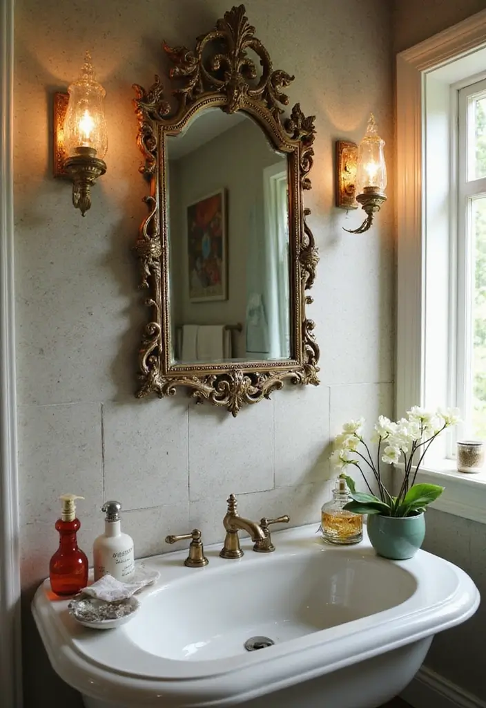 28 Bathroom Ideas Mirrors That Double As Art - 16. Vintage Ornate Mirror with Colorful Glass Accents