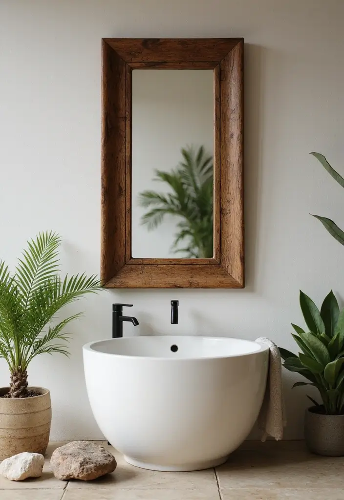 28 Bathroom Ideas Mirrors That Double As Art - 18. Nature-Inspired Mirror with Wooden Frame