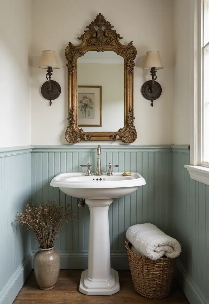 28 Bathroom Ideas Mirrors That Double As Art - 20. Vintage Bathroom Mirror with Decorative Pedestal