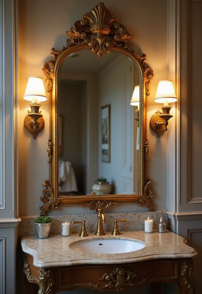 28 Bathroom Ideas Mirrors That Double As Art - 24. Antique Mirror with Intricate Frame
