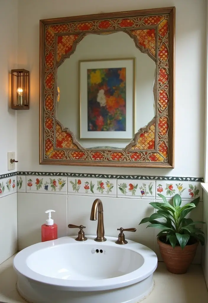 28 Bathroom Ideas Mirrors That Double As Art - 8. Decorative Mirror with Artwork Frame