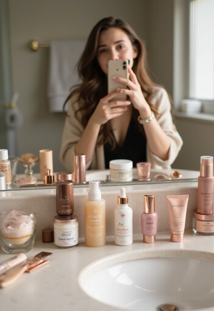 28 Bathroom Mirror Selfie Ideas For Perfect Shots - 12. Show Off Your Beauty Products
