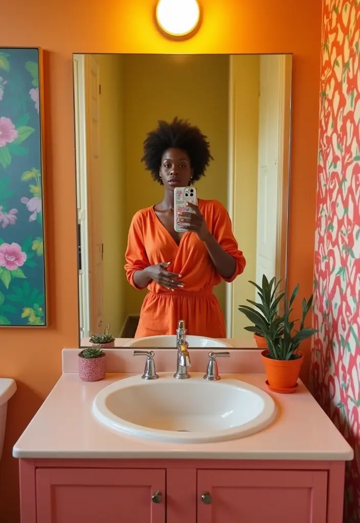 28 Bathroom Mirror Selfie Ideas For Perfect Shots - 19. Utilize Bold Colors