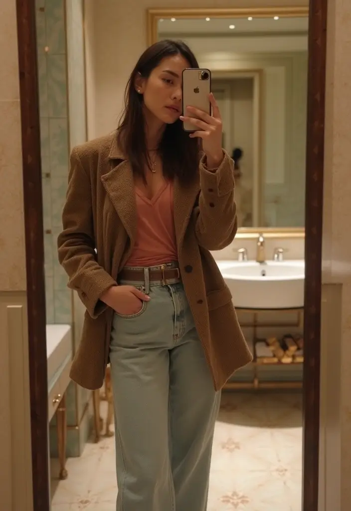 28 Bathroom Mirror Selfie Ideas For Perfect Shots - 4. Layer Your Look