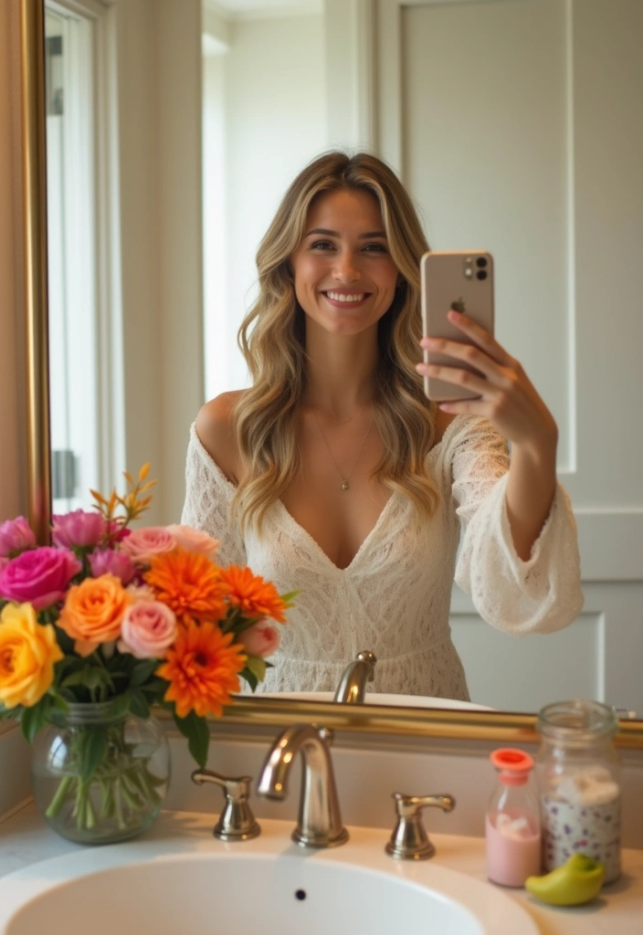 28 Bathroom Mirror Selfie Ideas For Perfect Shots - 6. The Power of Florals