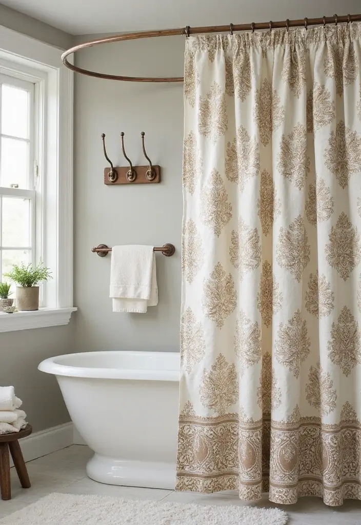 28 Old World Bathroom Designs That Feel Grand - 13. Elegant Shower Curtains