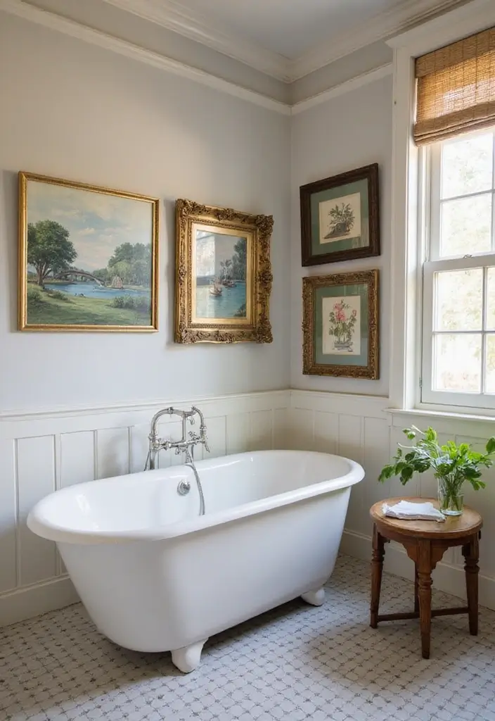28 Old World Bathroom Designs That Feel Grand - 16. Beautifully Framed Art