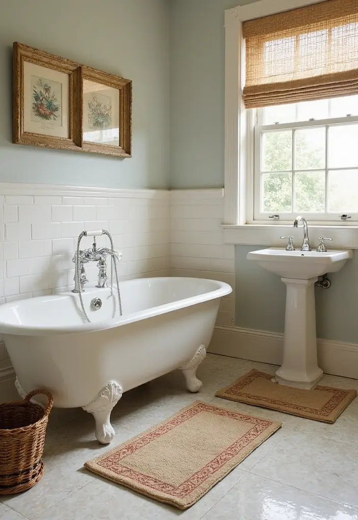 28 Old World Bathroom Designs That Feel Grand - 20. Classic Bath Rugs