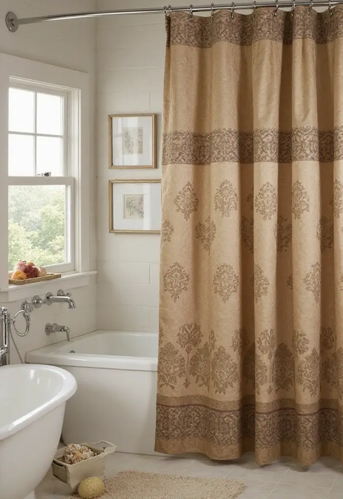 28 Old World Bathroom Designs That Feel Grand - 22. Decorative Shower Rods