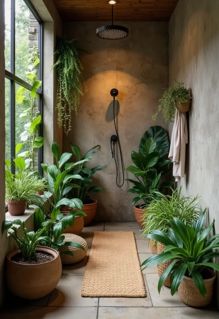 28 Rustic Bathroom Shower Designs That Feel Natural - 10. Indoor Plants for Freshness