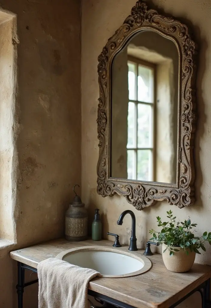 28 Rustic Bathroom Shower Designs That Feel Natural - 14. Vintage Mirrors