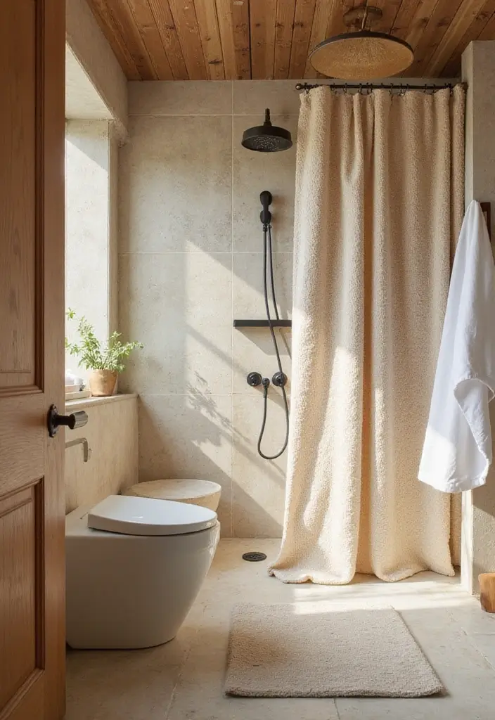 28 Rustic Bathroom Shower Designs That Feel Natural - 15. Natural Fiber Shower Curtains