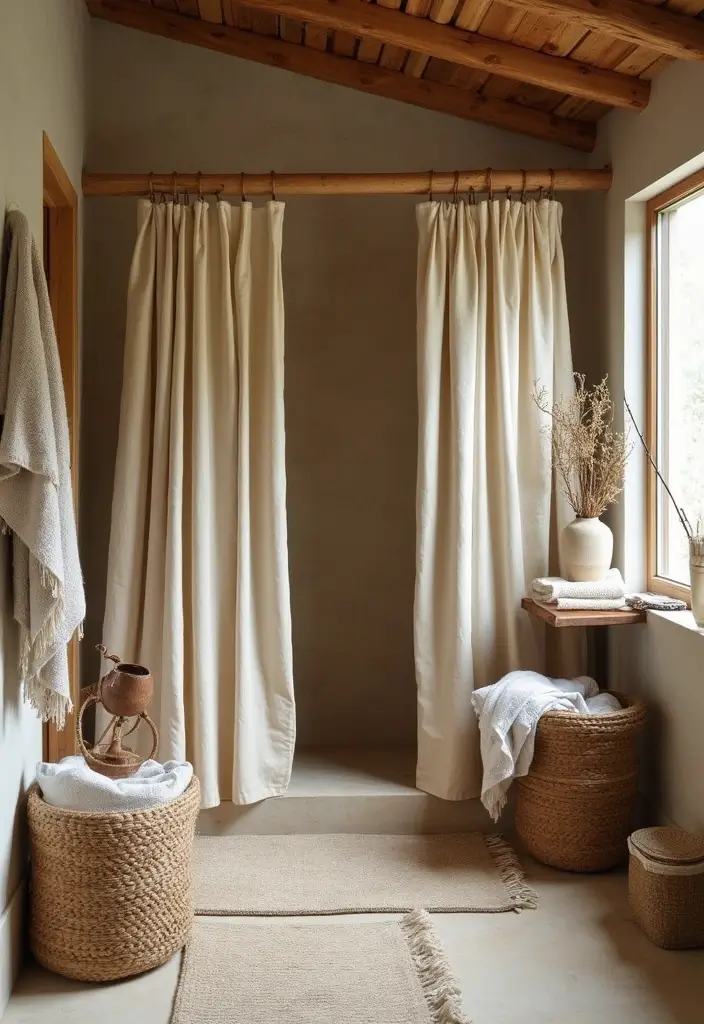 28 Rustic Bathroom Shower Designs That Feel Natural - 16. Linens and Textiles