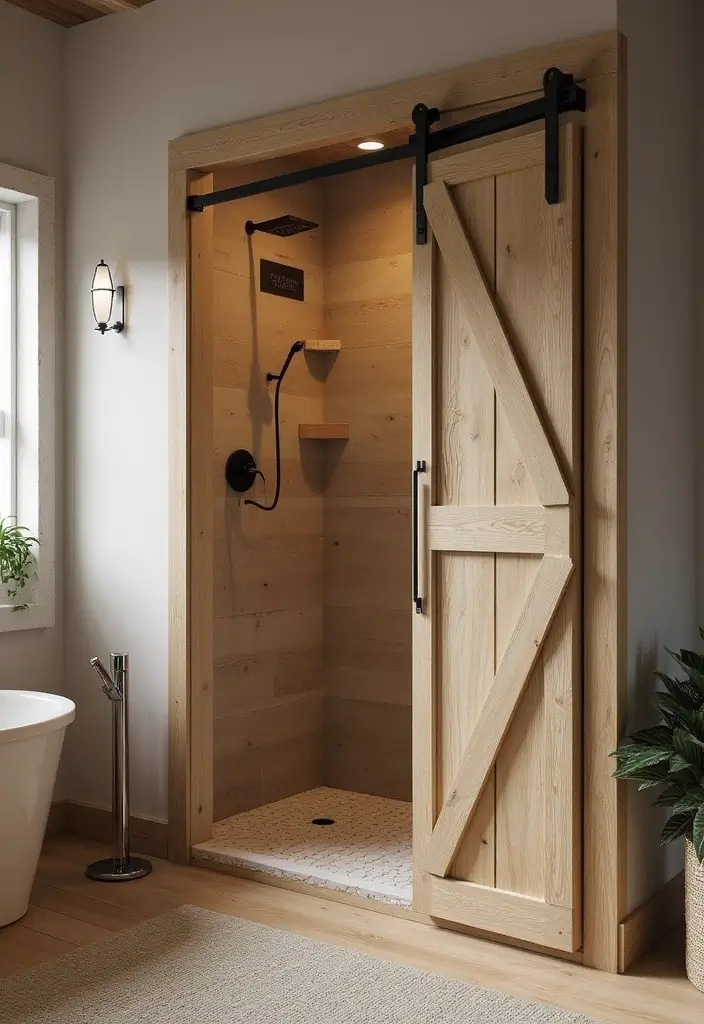 28 Rustic Bathroom Shower Designs That Feel Natural - 4. Barn Door Shower Entry