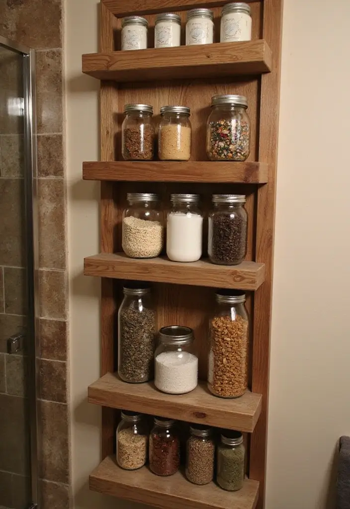 28 Rustic Bathroom Shower Designs That Feel Natural - 6. Mason Jar Shower Storage