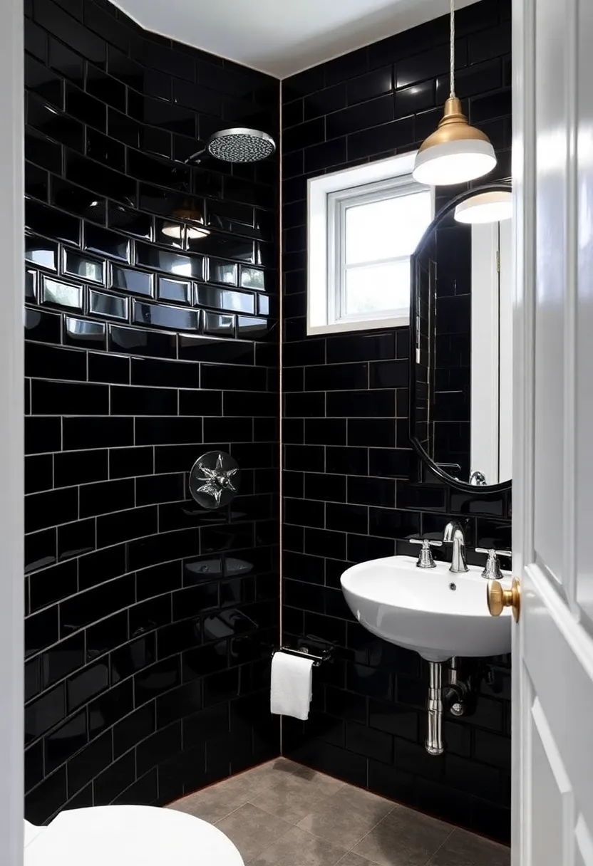 28 Small Bathroom Tiles Design Ideas That Feel Elegant - 15. Edgy Black Tiles