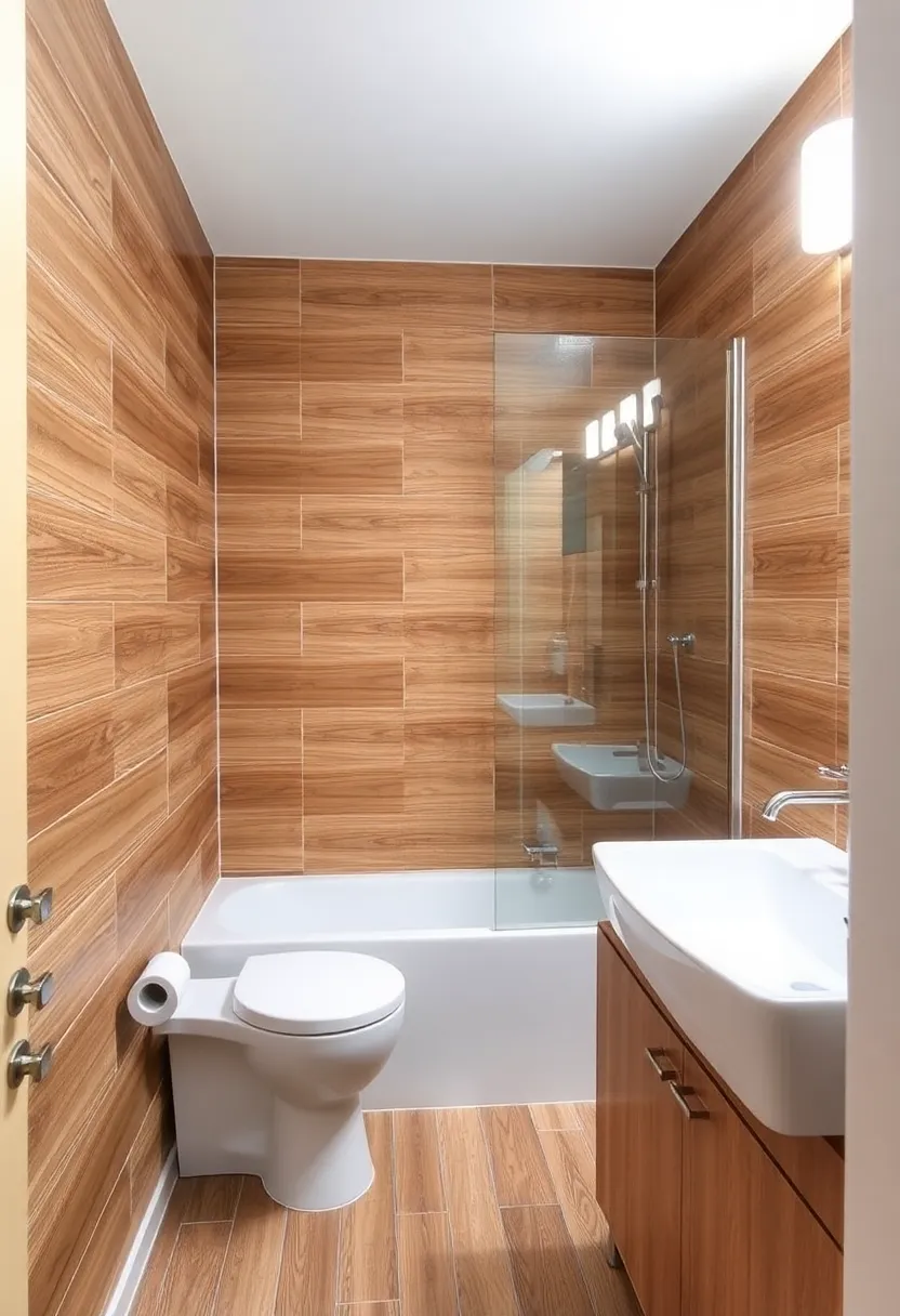28 Small Bathroom Tiles Design Ideas That Feel Elegant - 28. Warm Wood-Look Tiles