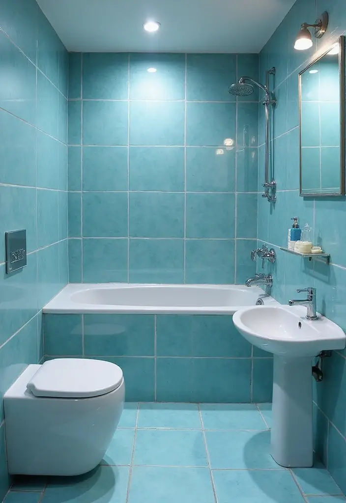 28 Small Bathroom Tiles Design Ideas That Feel Elegant - 6. Glossy Ocean Blue Tiles