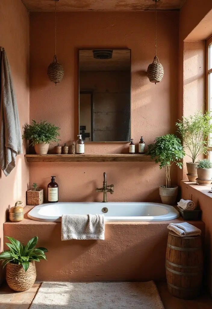 28 Terracotta Bathroom Walls That Add Warmth - 1. Rustic Charm with Textured Terracotta