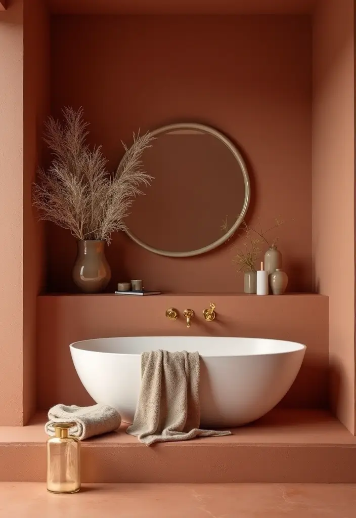 28 Terracotta Bathroom Walls That Add Warmth - 10. Terracotta with Metallic Accents
