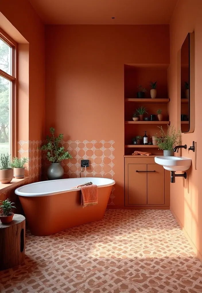 28 Terracotta Bathroom Walls That Add Warmth - 11. Terracotta and Bold Patterns