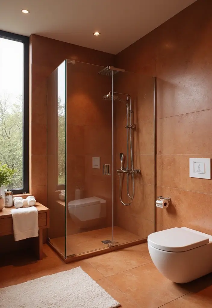 28 Terracotta Bathroom Walls That Add Warmth - 13. Terracotta and Glass