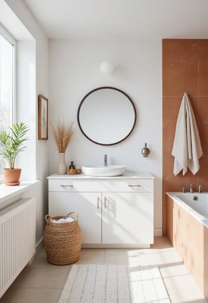 28 Terracotta Bathroom Walls That Add Warmth - 14. Terracotta Accents in White Bathrooms