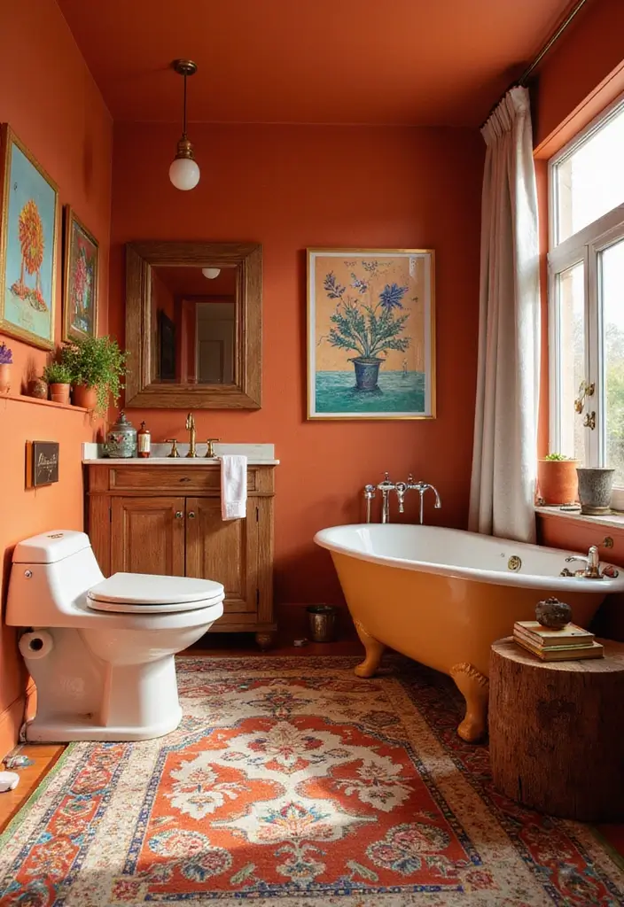 28 Terracotta Bathroom Walls That Add Warmth - 16. Terracotta with Bright Color Pops