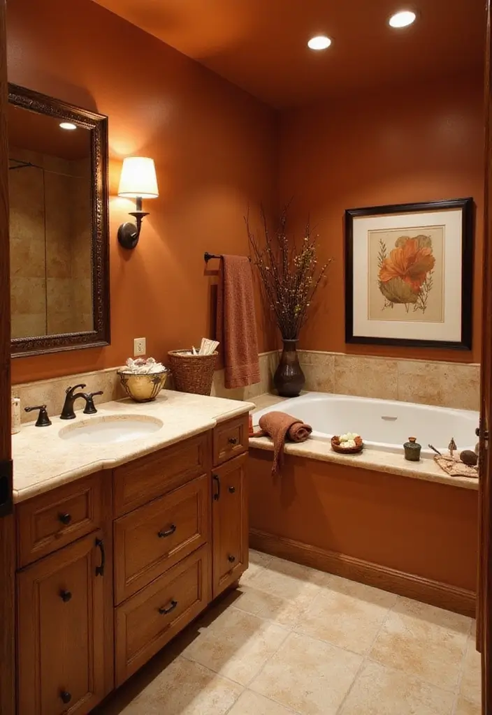 28 Terracotta Bathroom Walls That Add Warmth - 17. Terracotta with Warm Wood Accents