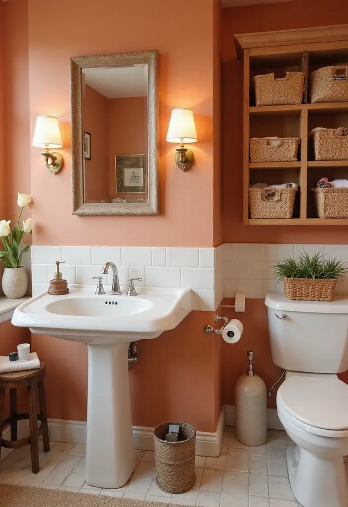 28 Terracotta Bathroom Walls That Add Warmth - 18. Terracotta in Small Spaces