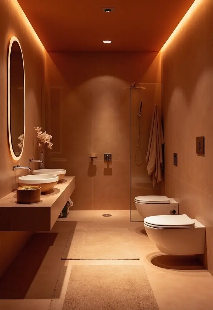 28 Terracotta Bathroom Walls That Add Warmth - 19. Terracotta with Soft Lighting