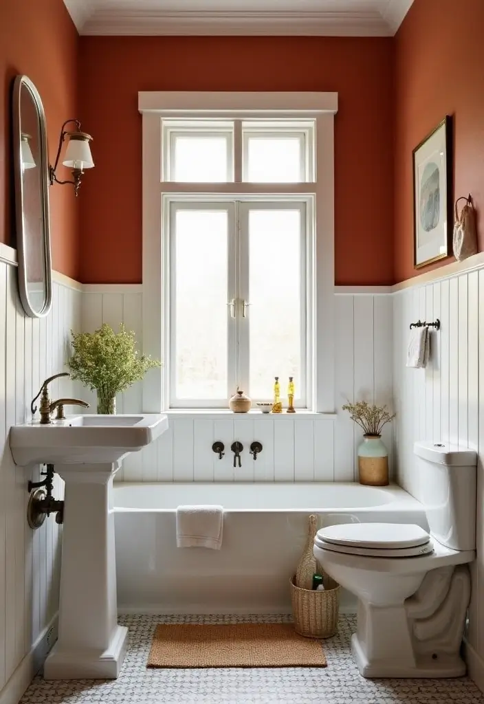 28 Terracotta Bathroom Walls That Add Warmth - 20. Terracotta with Shiplap Walls