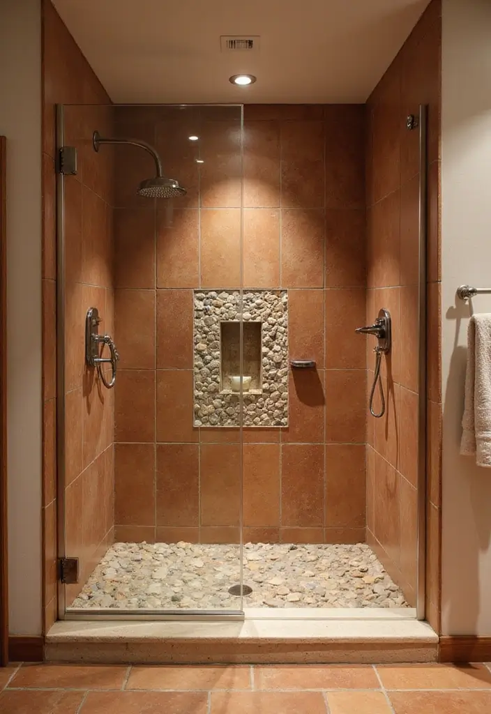 28 Terracotta Bathroom Walls That Add Warmth - 21. Terracotta in Shower Areas