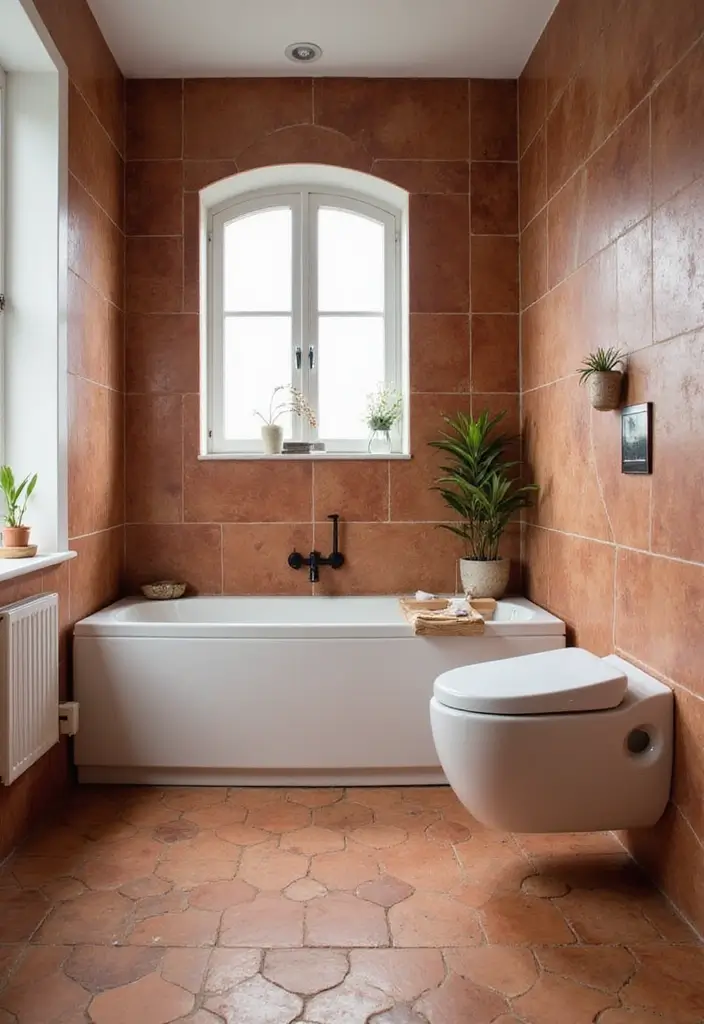 28 Terracotta Bathroom Walls That Add Warmth - 22. Terracotta with Unique Shapes