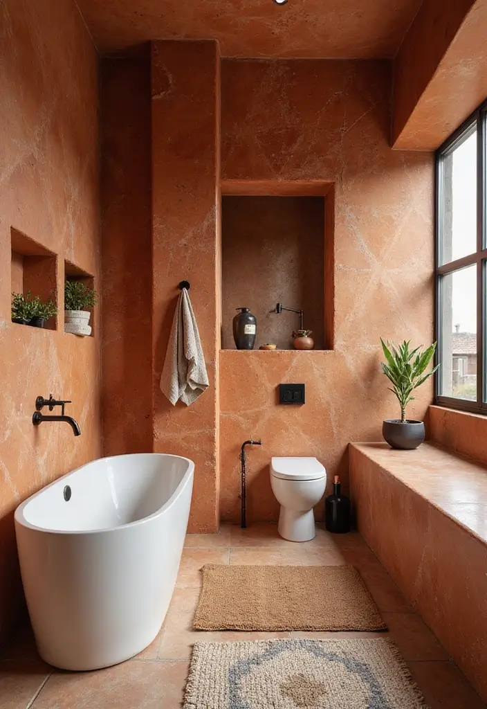 28 Terracotta Bathroom Walls That Add Warmth - 23. Terracotta with Geometric Patterns