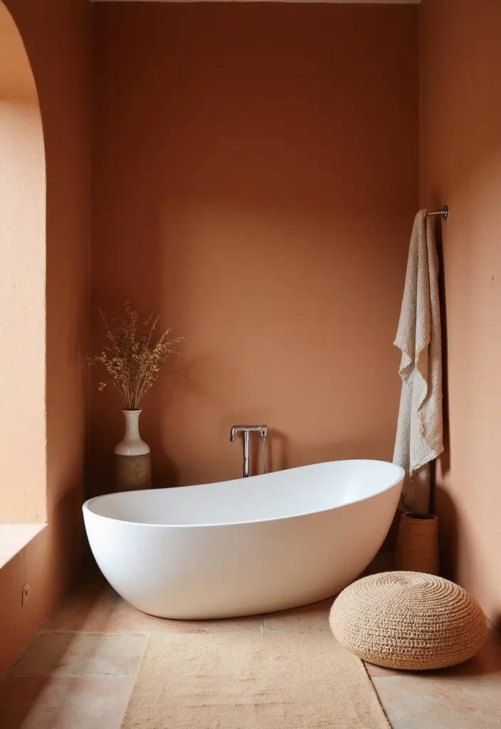 28 Terracotta Bathroom Walls That Add Warmth - 26. Terracotta with Soft, Natural Fabrics