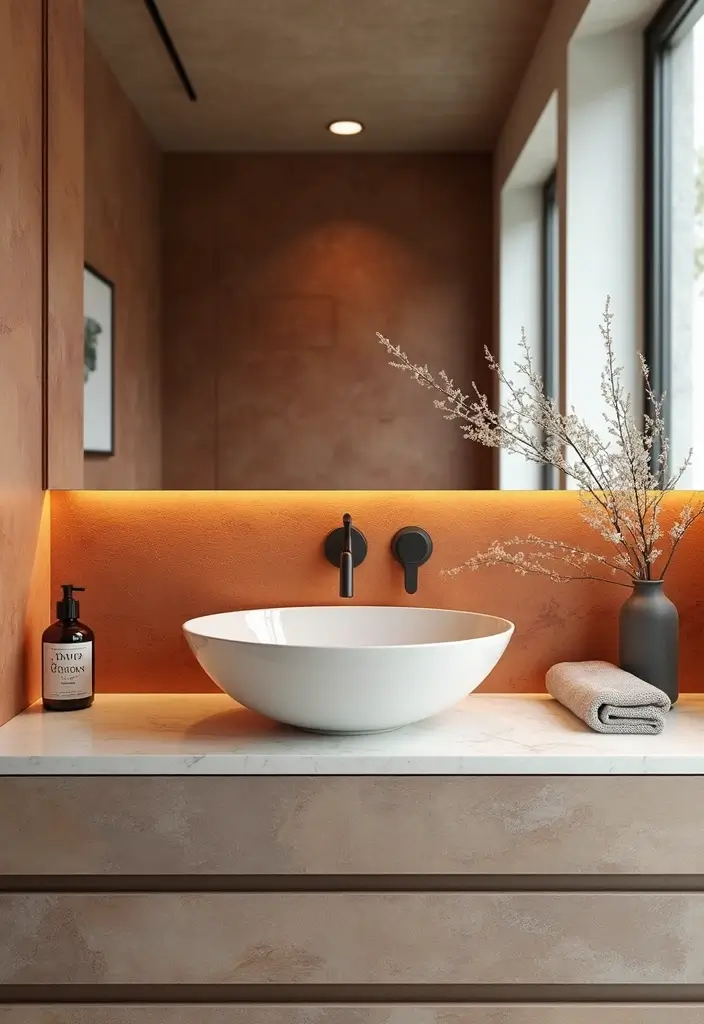 28 Terracotta Bathroom Walls That Add Warmth - 27. Terracotta with Backsplash Options