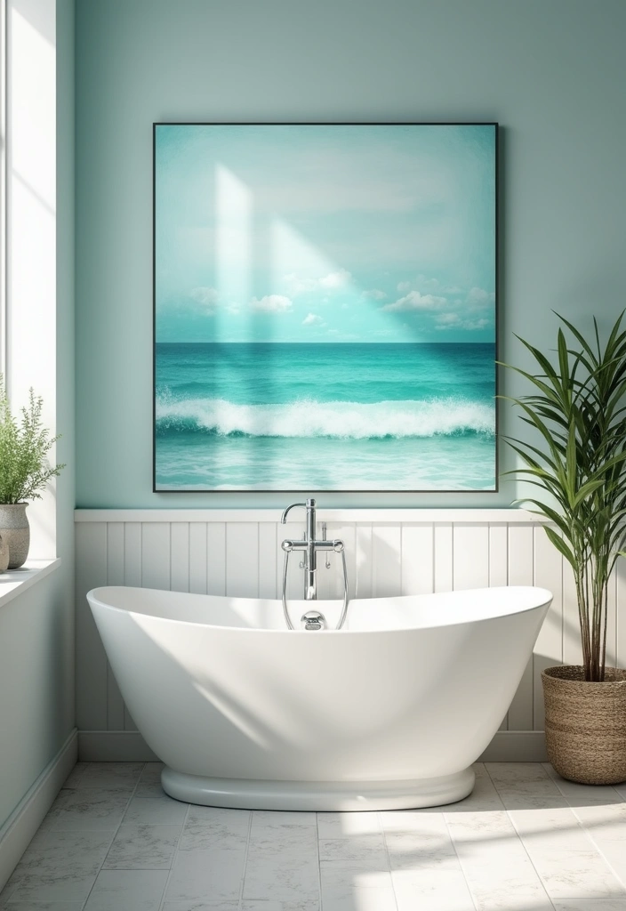 28 Turquoise Bathroom Ideas That Feel Beachy - 10. Beach-Themed Art
