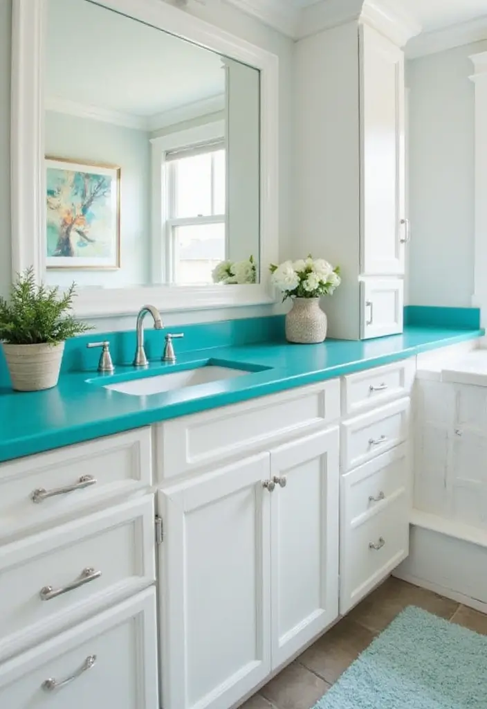 28 Turquoise Bathroom Ideas That Feel Beachy - 14. Turquoise Countertops