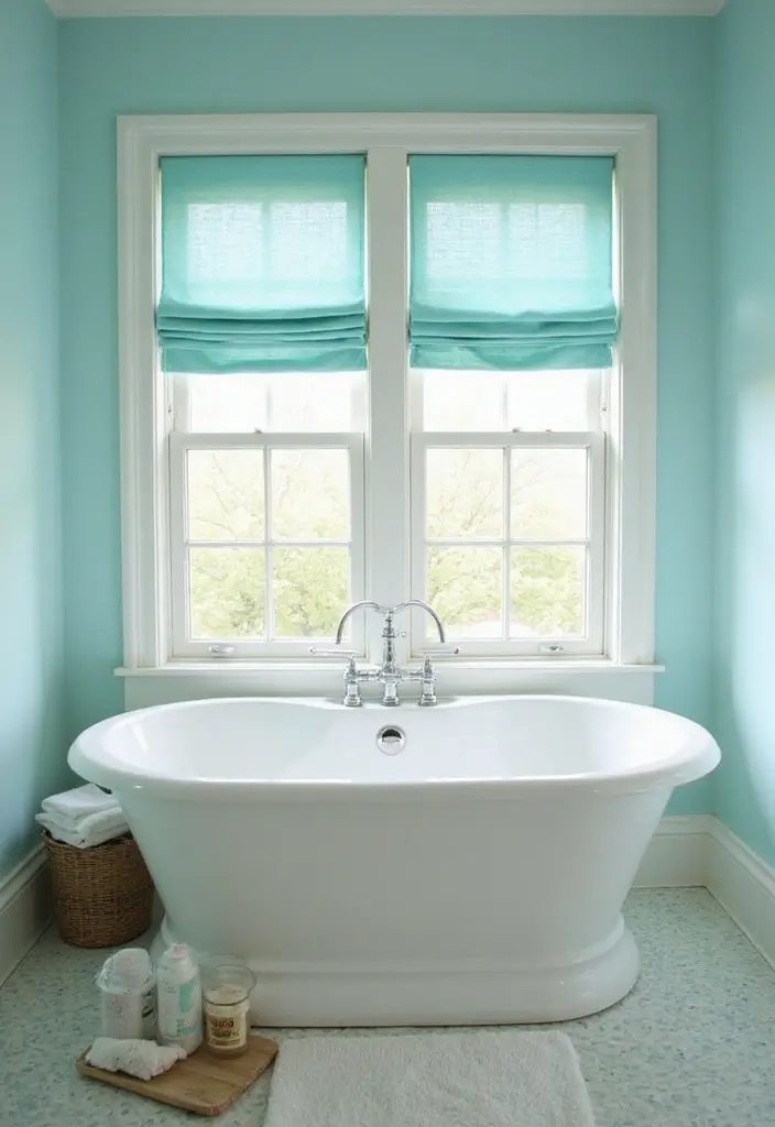 28 Turquoise Bathroom Ideas That Feel Beachy - 15. Window Treatments in Turquoise