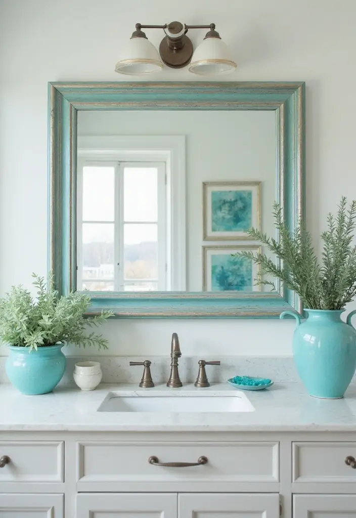 28 Turquoise Bathroom Ideas That Feel Beachy - 16. Beachy Mirrors