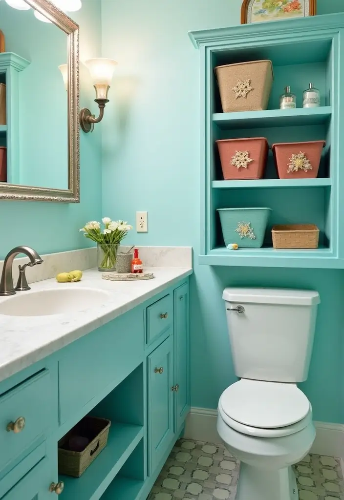 28 Turquoise Bathroom Ideas That Feel Beachy - 25. Stylish Storage Solutions