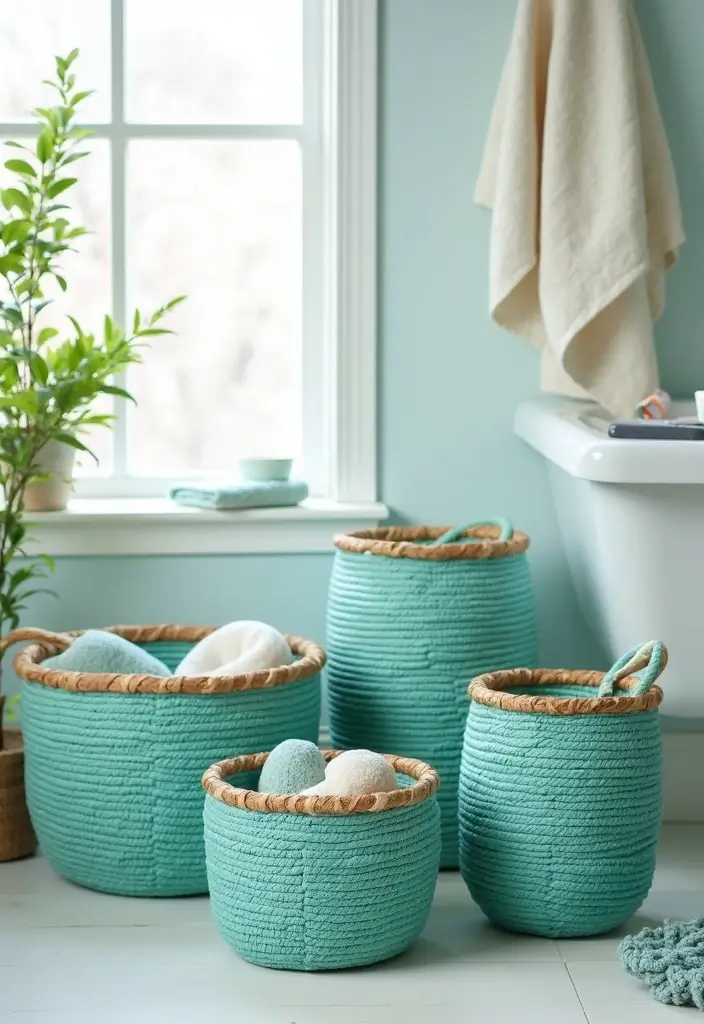 28 Turquoise Bathroom Ideas That Feel Beachy - 8. Baskets and Storage