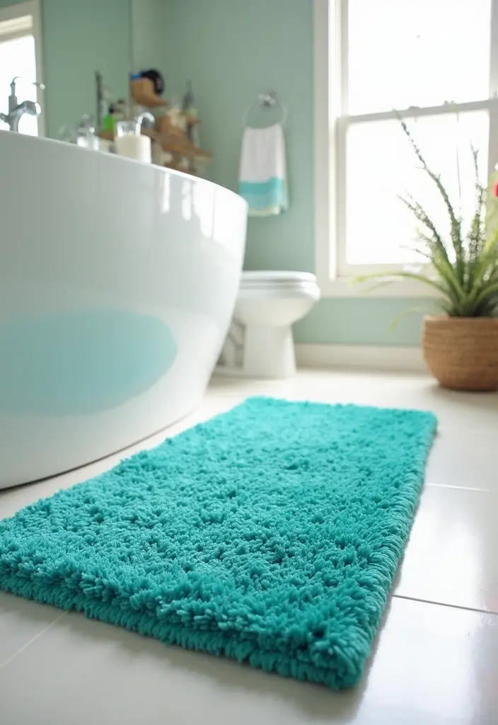 28 Turquoise Bathroom Ideas That Feel Beachy - 9. Turquoise Accent Rugs