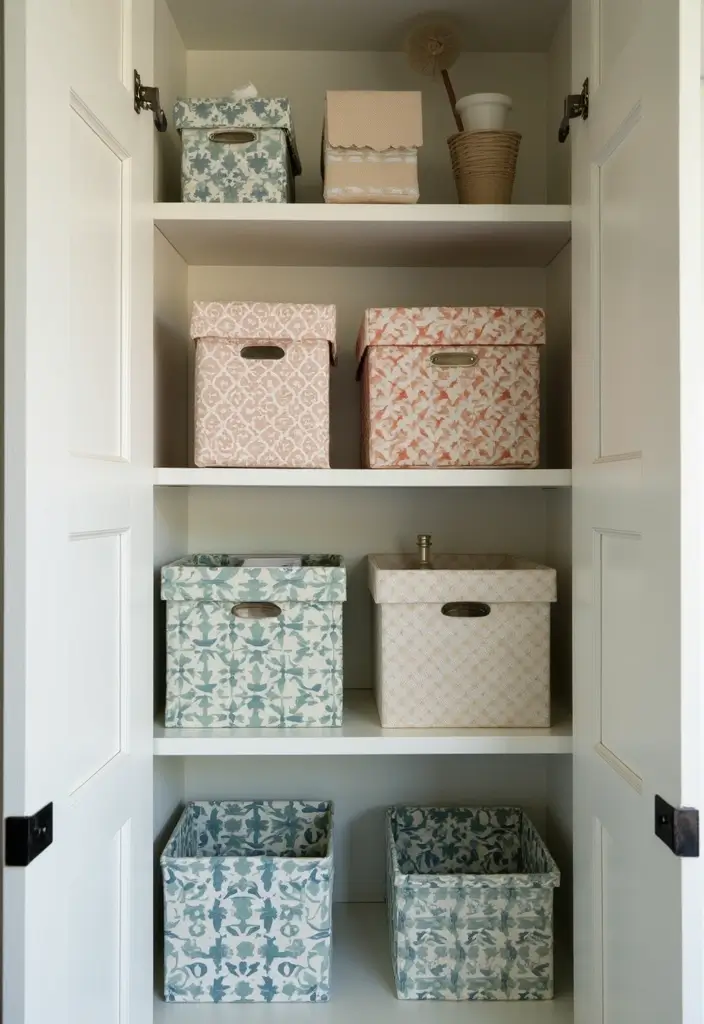 29 Bathroom Closet Ideas That Add Storage - 10. Decorative Storage Boxes