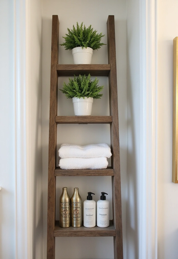 29 Bathroom Closet Ideas That Add Storage - 17. Ladder Shelf for Display and Storage