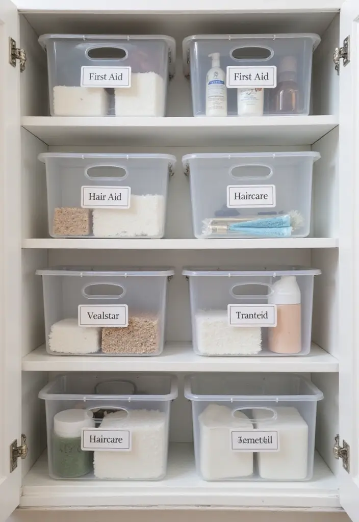 29 Bathroom Closet Ideas That Add Storage - 2. Clear Bins for Easy Visibility