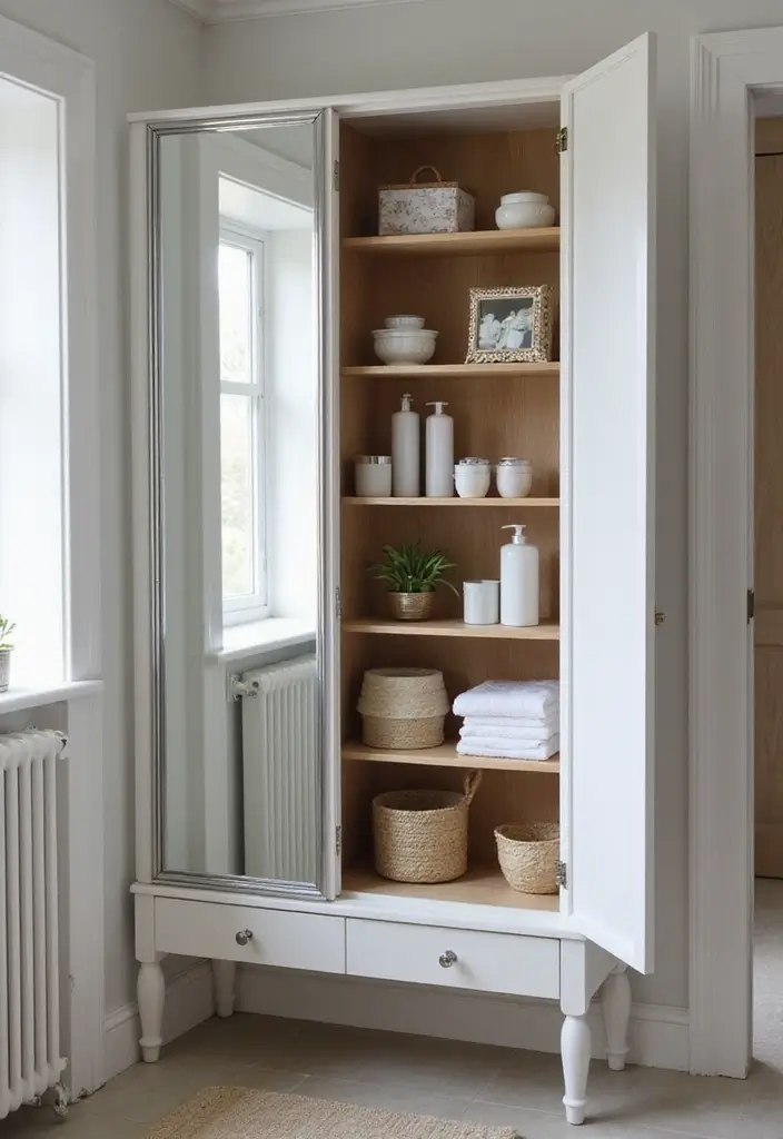29 Bathroom Closet Ideas That Add Storage - 20. Stylish Mirrors for Dual Functionality