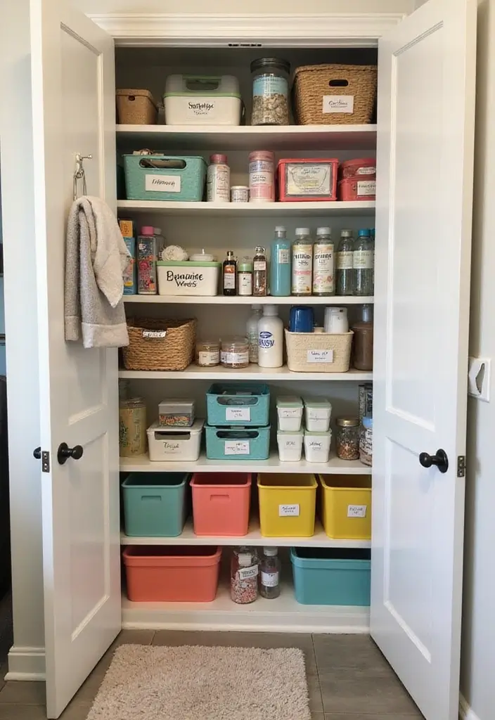 29 Bathroom Closet Ideas That Add Storage - 22. Use of Colorful Containers